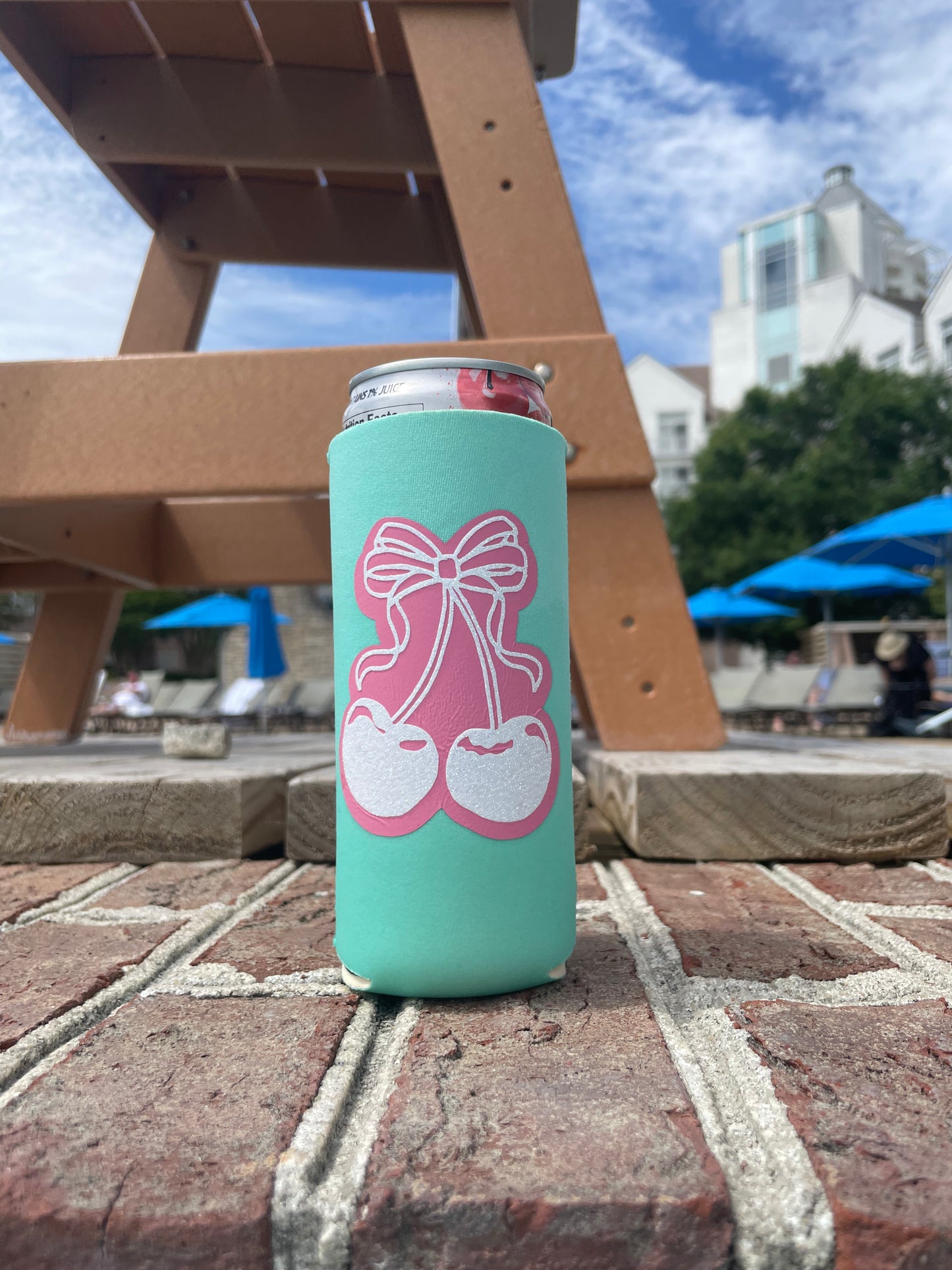 White and Pink Coquette Cherry Tall Can Coozie