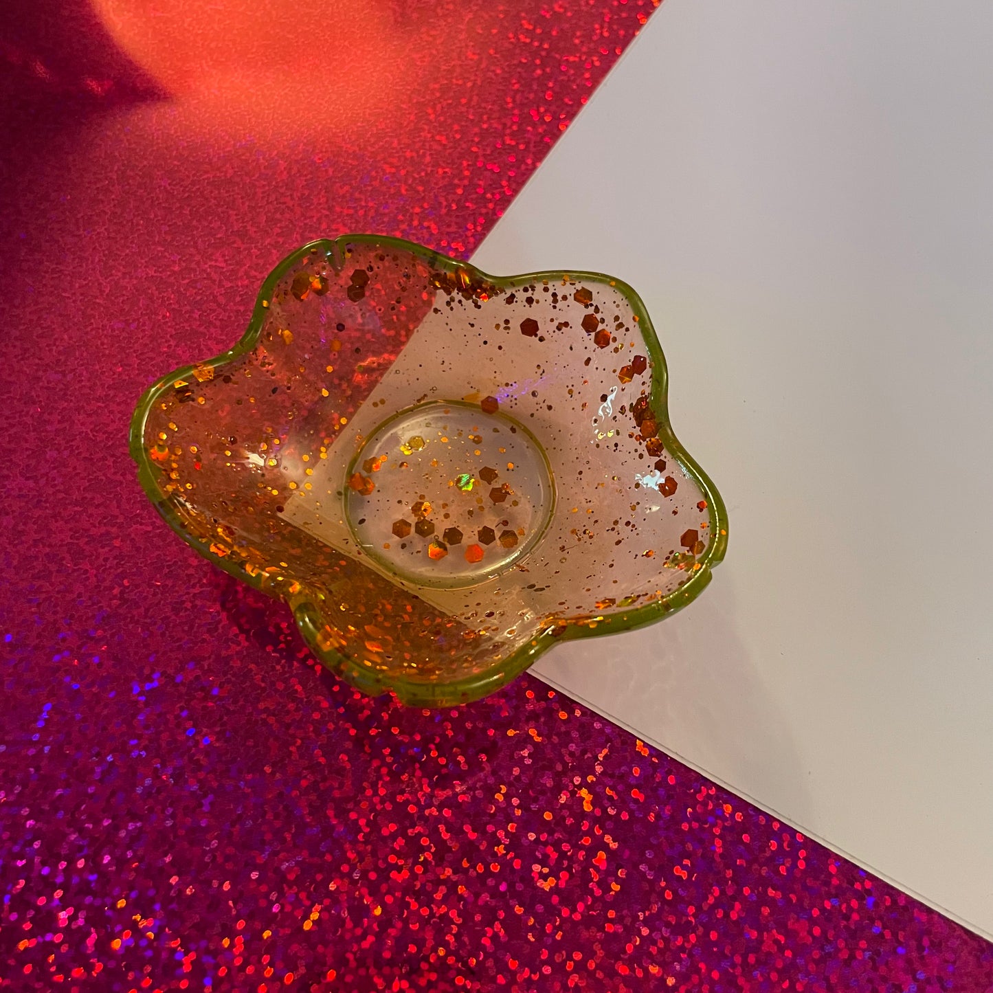 Orange with circular glitter Flower Resin Dish