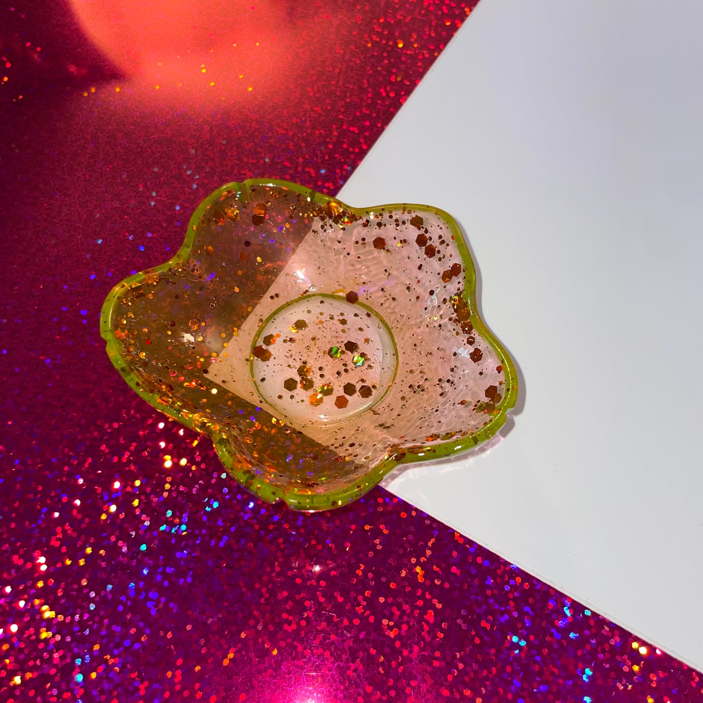 Orange with circular glitter Flower Resin Dish